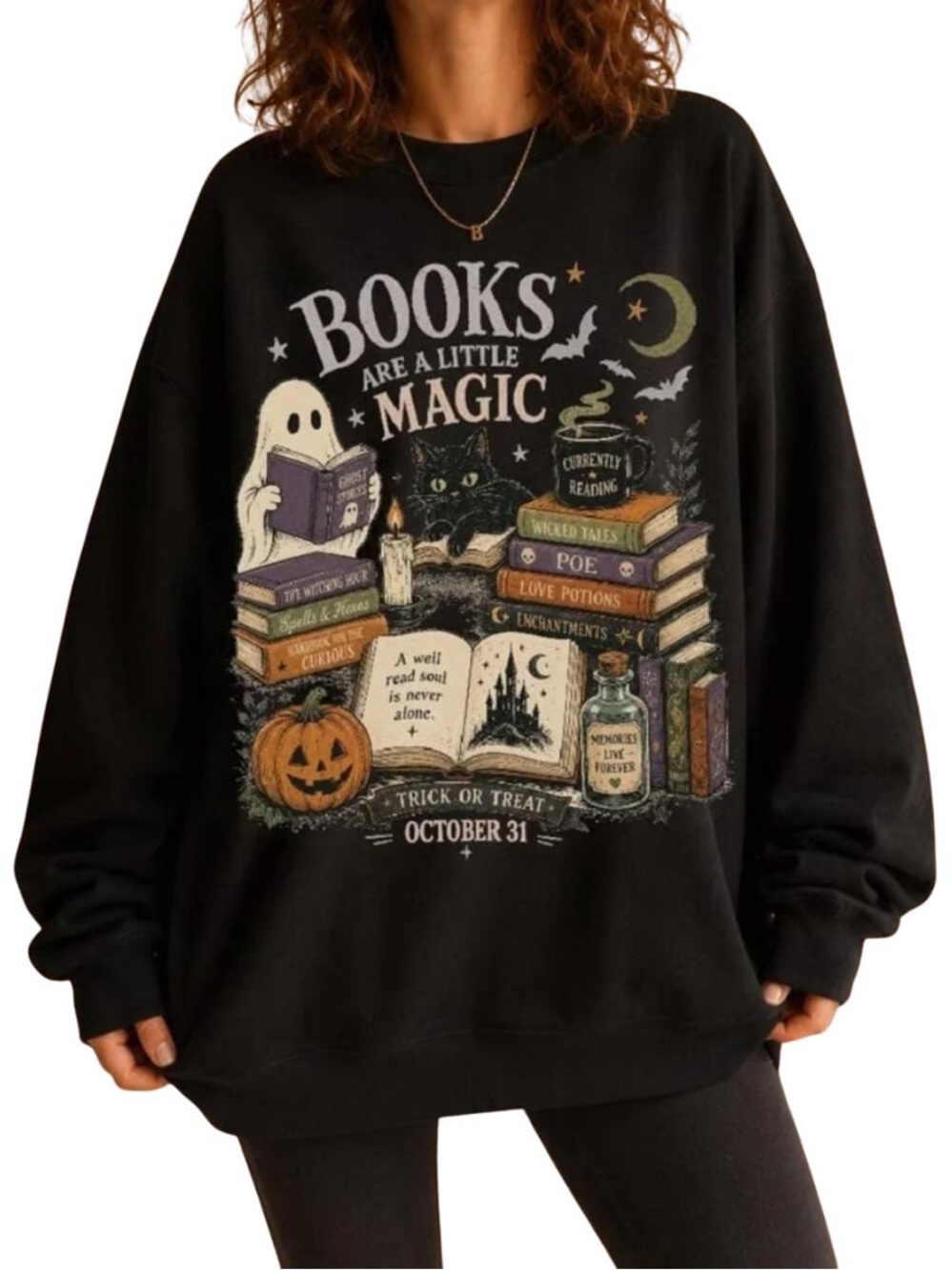 Halloween Books Are a Little Magic Black Graphic Sweater